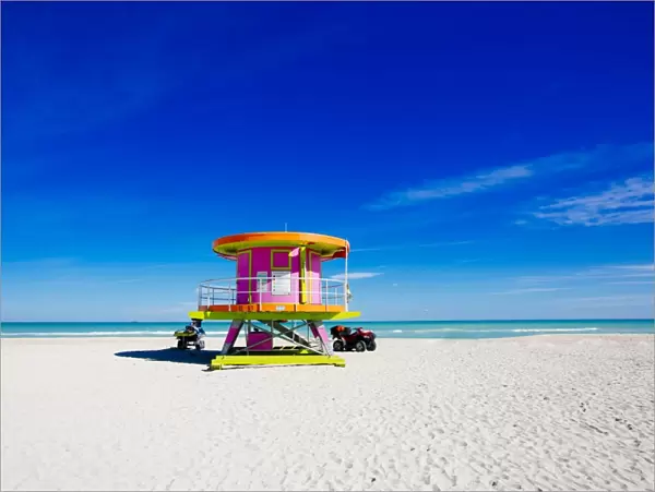 Lifeguard tower on a sunny day in South Beach, Miami, Florida, USA