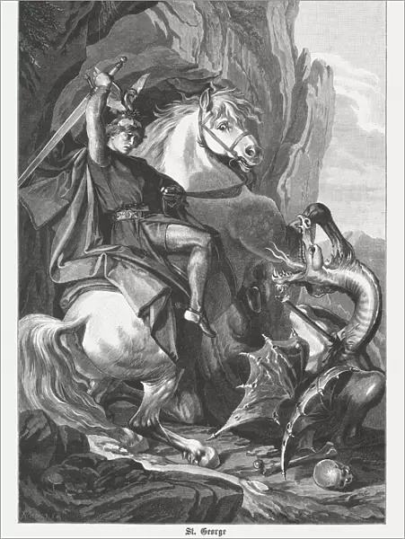 St Georges Battle with the Dragon, wood engraving, published 1882