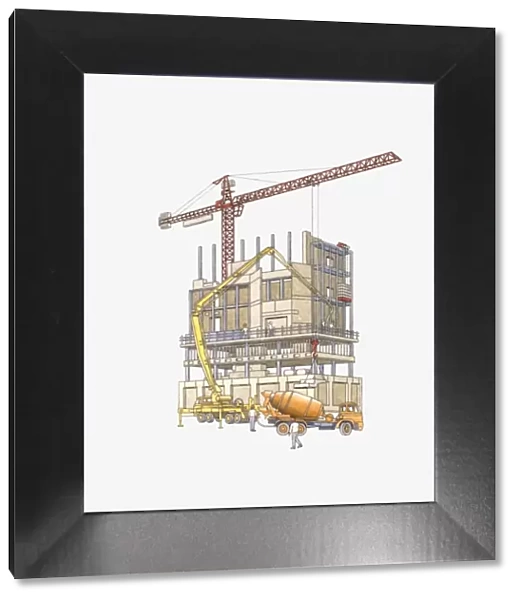 Illustration of workers using crane, cement mixer, and cement pump on construction site