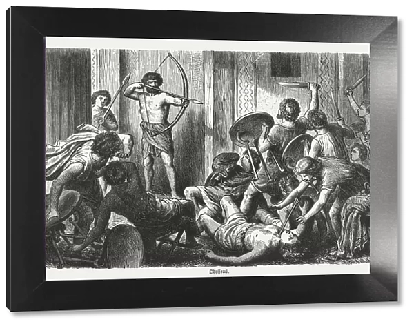Ulysses kills the suitors, Greek mythology, wood engraving, published 1880