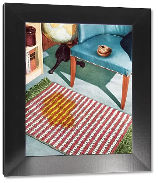 Stained rug in front blue chair