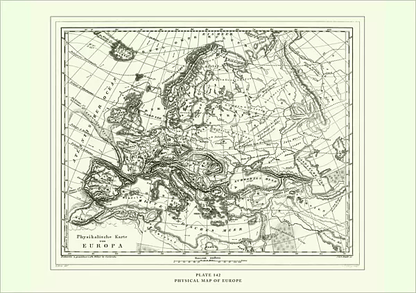 Engraved Antique, Physical Map of Europe Engraving Antique Illustration, Published 1851