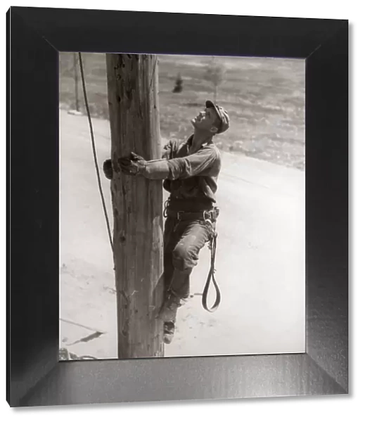 Utility Worker Man Is Climbing Electric Power Utilities Pole