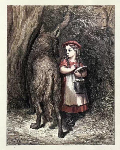 Little Red Riding Hood encounters the wolf in the wood, Fairy Tales of Charles Perrault