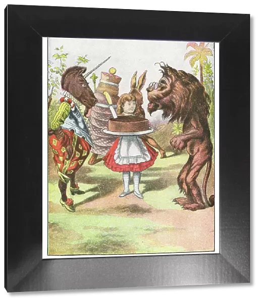 Alice holding a Plum Cake with The Lion and the Unicorn in Through the Looking-Glass