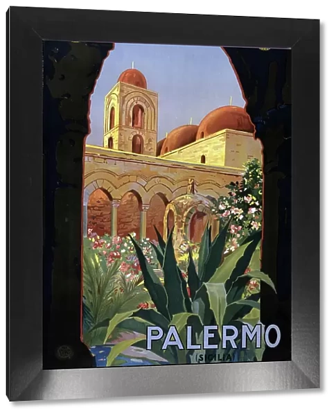 Advertising poster, ca 1920, showing a garden courtyard with arcade and tower, San Giovanni degli Eremiti is a Norman church building in Palermo, Sicily, Italy, Historical, digitally restored reproduction from a 19th century original