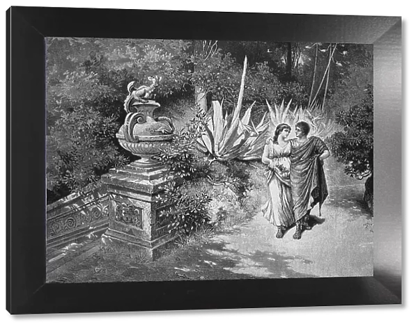 Springtime of Love in Ancient Rome, Young Couple Walking through the Park, Italy, Historic, digital reproduction of an original 19th century painting, original date not known