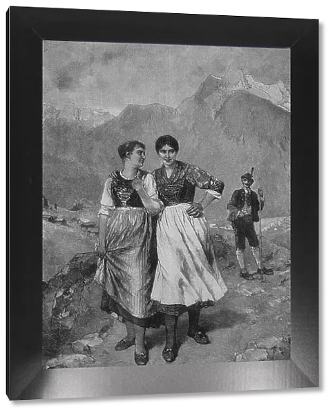 Rebuffed, young man has tried unsuccessfully to strike up a conversation with a young woman, the two woman walk on, Austria, c. 1898, Historic, digital reproduction of an original 19th-century painting, original date unknown
