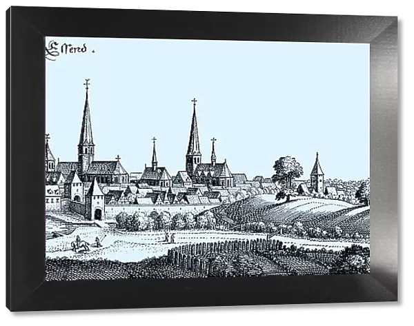 City of Essen in the Middle Ages, North Rhine-Westphalia, Germany, Historical, digital reproduction of an original from the 19th century, original date not known
