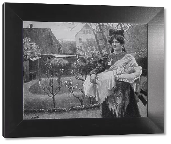 Woman in Sunday traditional costume holding the newborn baby in her arms on her first outing outdoors, 1880, Germany, Historic, digital reproduction of an original 19th-century painting, original date unknown