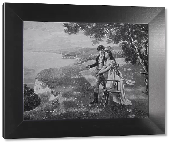 Summer retreat, young couple on the coast above the sea, in love, 1880, Germany, Historic, digital reproduction of an original 19th-century painting, original date not known