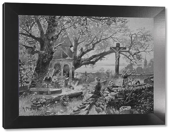 Cemetery at Lake Starnberg, Bavaria, Germany, the woman prays at the grave while the children are playing, 1880, Historic, digital reproduction of an original 19th century painting, original date unknown