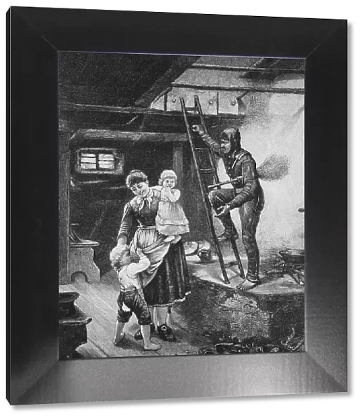The chimney sweep is in the house, one of the children is afraid of the bogeyman, 1887, Germany, Historic, digital reproduction of an original 19th century painting, original date not known