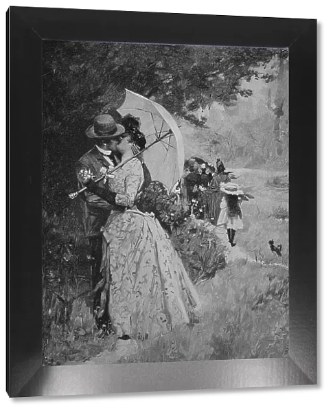 A favourable moment, couple kissing under an umbrella, 1880, Austria, Historic, digital reproduction of an original 19th century print, original date not known