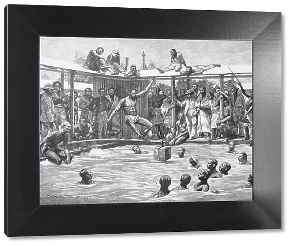 Historical illustration of a game in the water, made by natives, Kimberley, South Africa, Historical, digitally restored reproduction of an original 19th century artwork, exact original date unknown