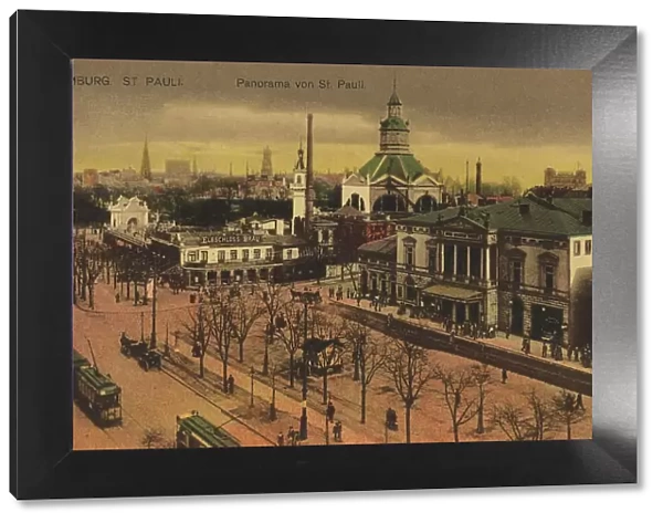 St. Pauli, Panorama, Hamburg, Germany, postcard with text, view around ca 1910, Historic, digital reproduction of a historic postcard, public domain, from that time, exact date unknown