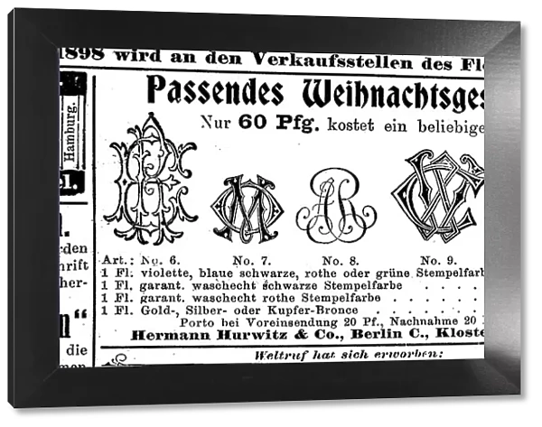 Advertisement Matching Christmas present, monogram stamp, Hurwitz Company, Berlin, 1890, Germany, Historic, digitally restored reproduction of a 19th century original, exact original date not known
