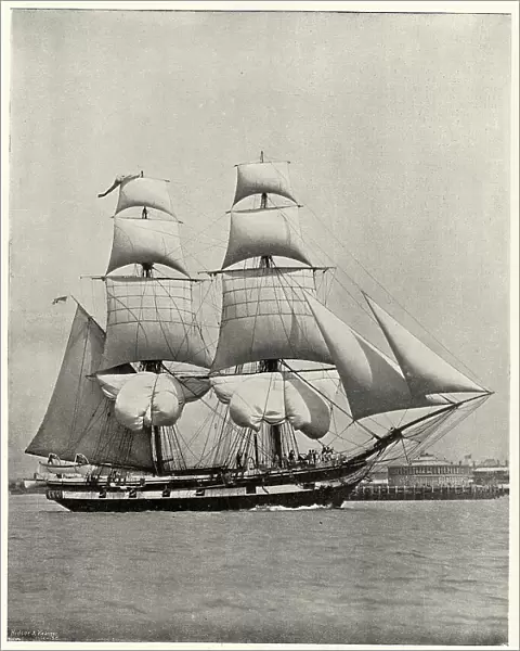 British Royal Navy training tall ship, Brig Martin under sail, 19th Century, Vintage Picture