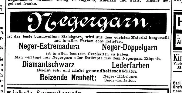 Advertisement for negro yarn, negro estremadura, negro double yarn and leather dyes, 1890, Germany, Historic, digitally restored reproduction of an original 19th century artwork, exact original date unknown