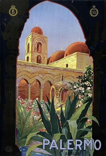 Advertising poster, ca 1920, showing a garden courtyard with arcade and tower, San Giovanni degli Eremiti is a Norman church building in Palermo, Sicily, Italy, Historical, digitally restored reproduction from a 19th century original