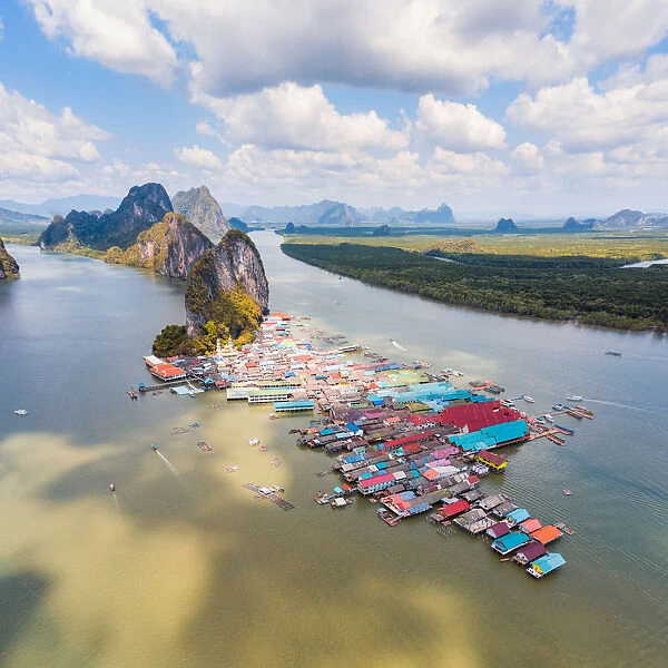 Aerial of Ko Panyi fishing village, Phang Nga bay, Thailand