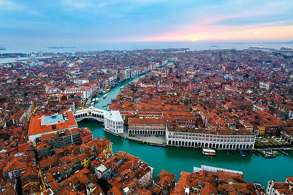 Aerial of Rialto bridge at sunset, Venice