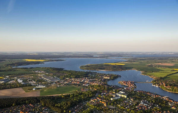 Aerial view, Malchow with Malchower See lake and the island with the historic centre and its old market square, Malchow, Mecklenburg Lake District, Mecklenburg-Western Pomerania, Germany