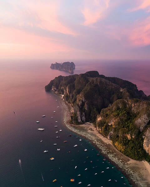 Aerial view of Phi Phi island at sunrise, Thailand