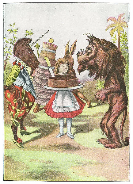 Alice holding a Plum Cake with The Lion and the Unicorn in Through the Looking-Glass