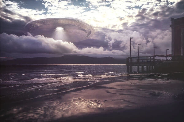 Alien space ship through the clouds, illustration