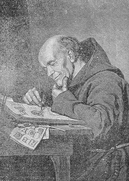 Amused monk writing in a lonely hermitage, 1881, Germany, Historic, digital reproduction of an original 19th-century painting