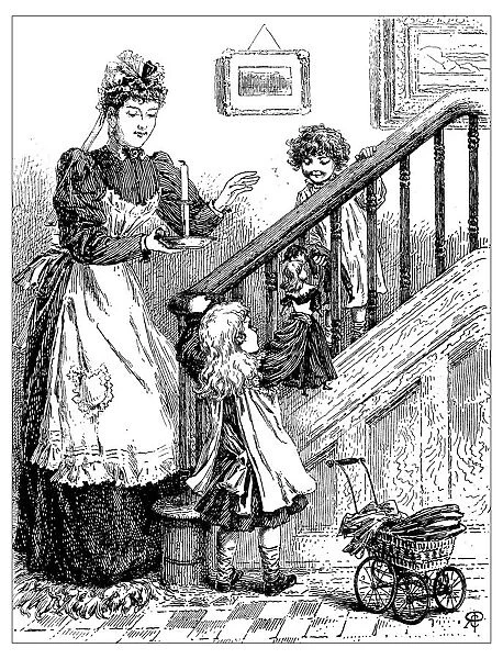 Antique childrens book comic illustration: woman with children indoor