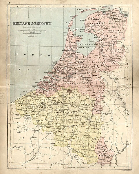 Antique damaged map of Holland & Belgium 19th Century