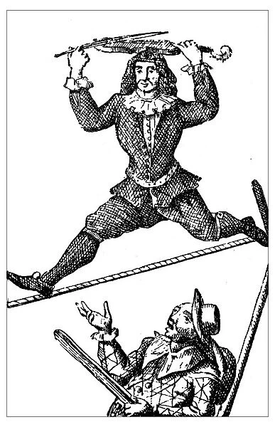 Antique illustration of 18th century acrobat on the tightope (Slacklining)