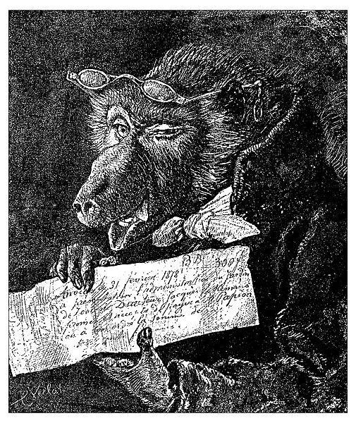Antique illustration of humanized beast holding a paper
