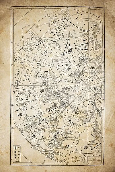 Antique illustration on yellow aged paper: zodiac astrology constellations (series 7)