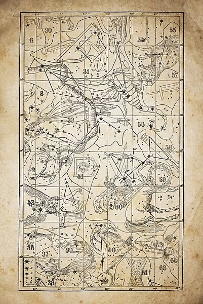 Antique illustration on yellow aged paper: zodiac astrology constellations (series 3)