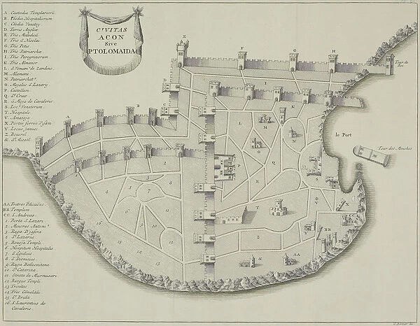 Antique map of fortified city of Ptolemaida