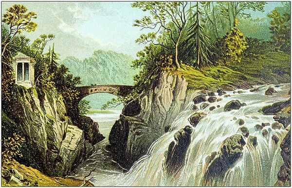 Antique painting of Scotland cities, lakes and mountains: Hermitage and Waterfalls of the Bruar, near Dunkeld