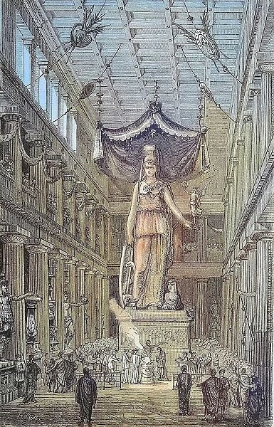 Athena inside the Parthenon in Athens, Greece, Historical, digitally restored reproduction from a 19th century original