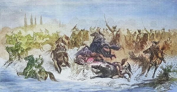 Attack of the 13th Prussian Hussar Regiment on French cuirassiers at Beaumont, illustrated war chronicle 1870-1871, Franco-German campaign, Germany, France