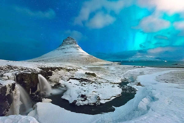 Aurora over Kirkjufell Mountain Iceland