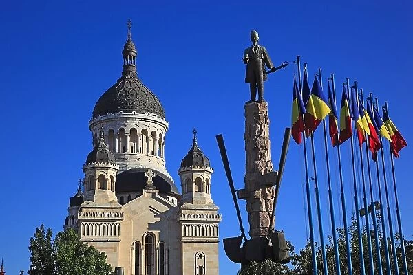 Avram Iancu Statue and Orthodox Cathedral at the Piata Avram Iancu in Cluj, Transylvania, Romania