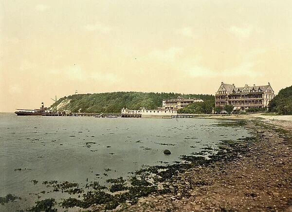 The beach and the hotel of Gluecksburg, Schleswig-Holstein, Germany, Historic, digitally restored reproduction of a photochrome print from the 1890s