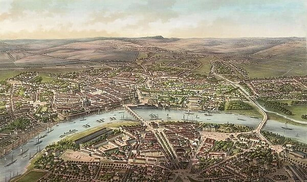 Bird's-eye view of Dresden, c. 1855, Saxony, Germany, Historic, digitally restored reproduction from an 18th or 19th century original
