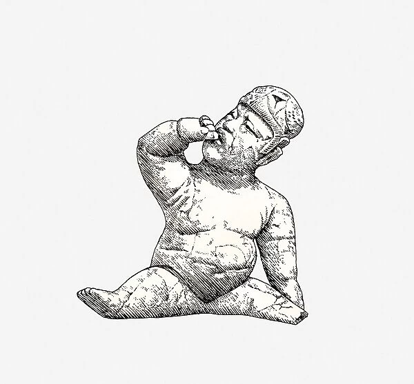 Black and white illustration of Olmec baby, found in Las Bocas, Mexico