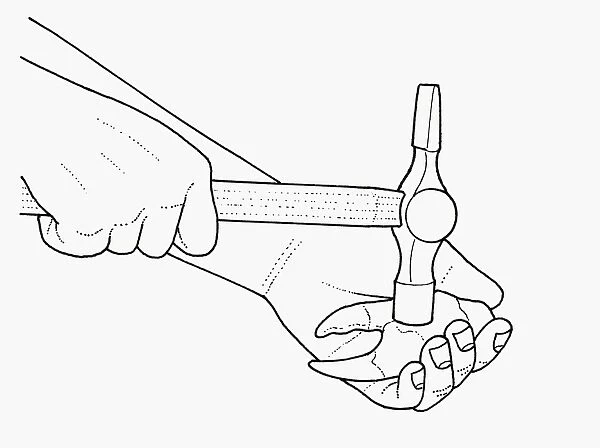 Black and white illustration of using hammer to crack crab claw cupped in palm of hand
