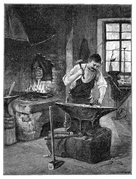 Blacksmith forging metal on anvil at workshop 1899