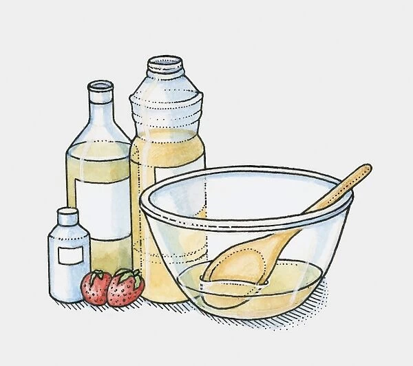 Bottles of olive oil, vegetable oil and coconut oil and two strawberries by a mixing bowl (making moisturiser)