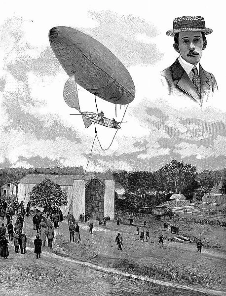 Brazilian aviator Alberto Santos-Dumont and his airship, Aero Park, Paris, France, 1901